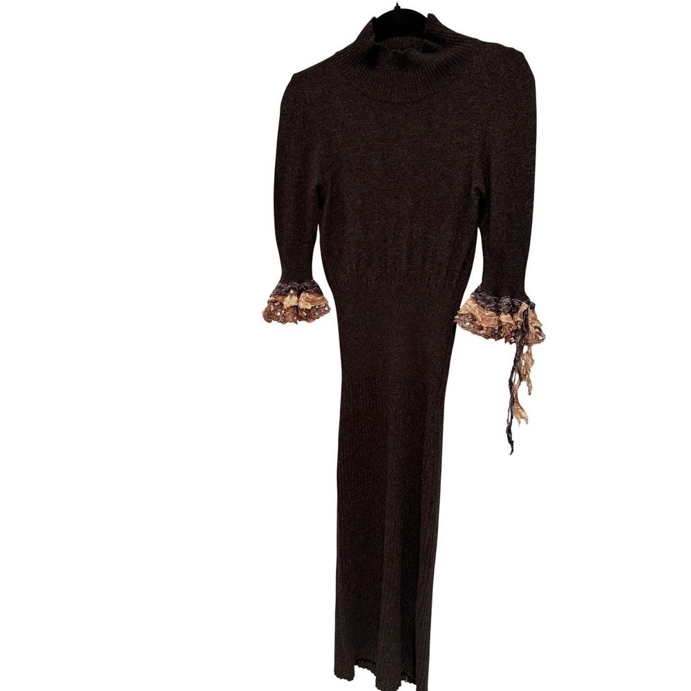 Vtg Charcoal Grey Ribbed Knit Maxi Dress Sequin Ruffle Cuffs Dark Romance Euro - Picture 2 of 15